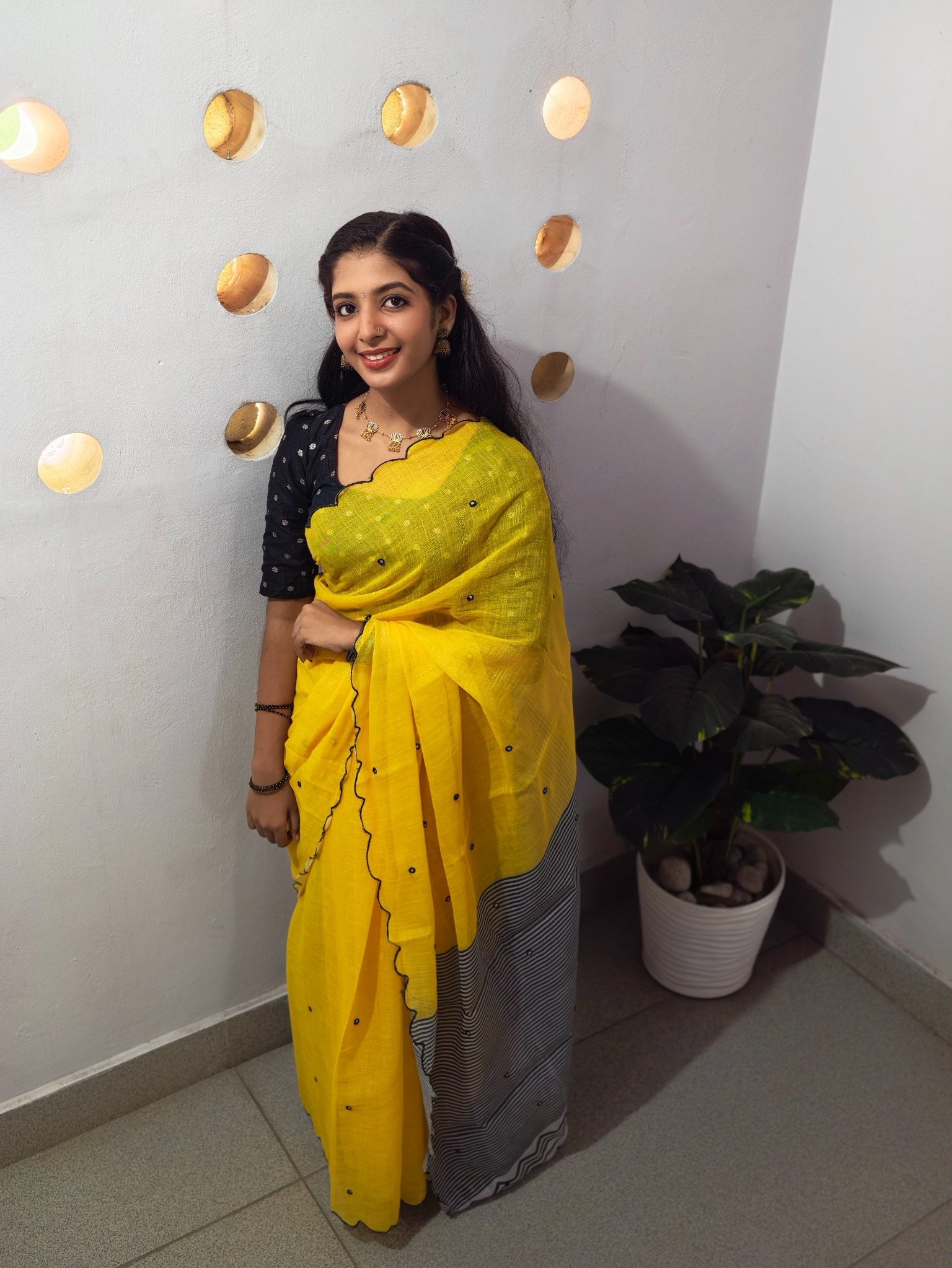 Sunshine Yellow Cotton Blend Saree with Black & White Designer Border