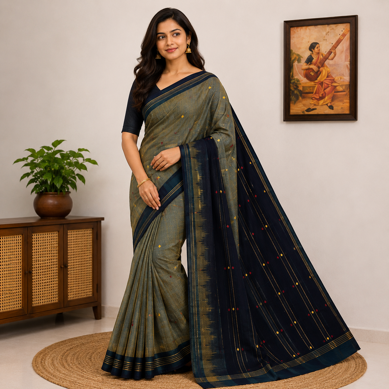 Midnight Olive Elegance Saree